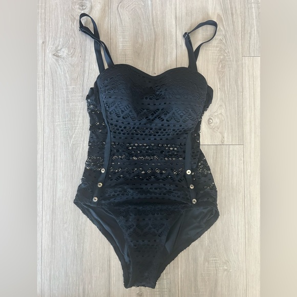 Women’s Black Knit Lace One-Piece Swimsuit | Elegant Swimwear - Picture 5 of 6